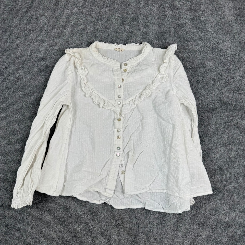 POL Blouse Womens Size S White Ruffle Trim Textured Cotton Long Sleeve
